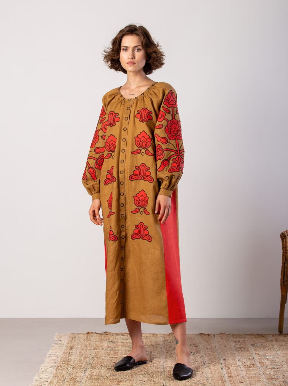 ETNODIM Linen Midi Dress Applique Embroidery Poppy Tan Red Sz XS $473 {3X2}